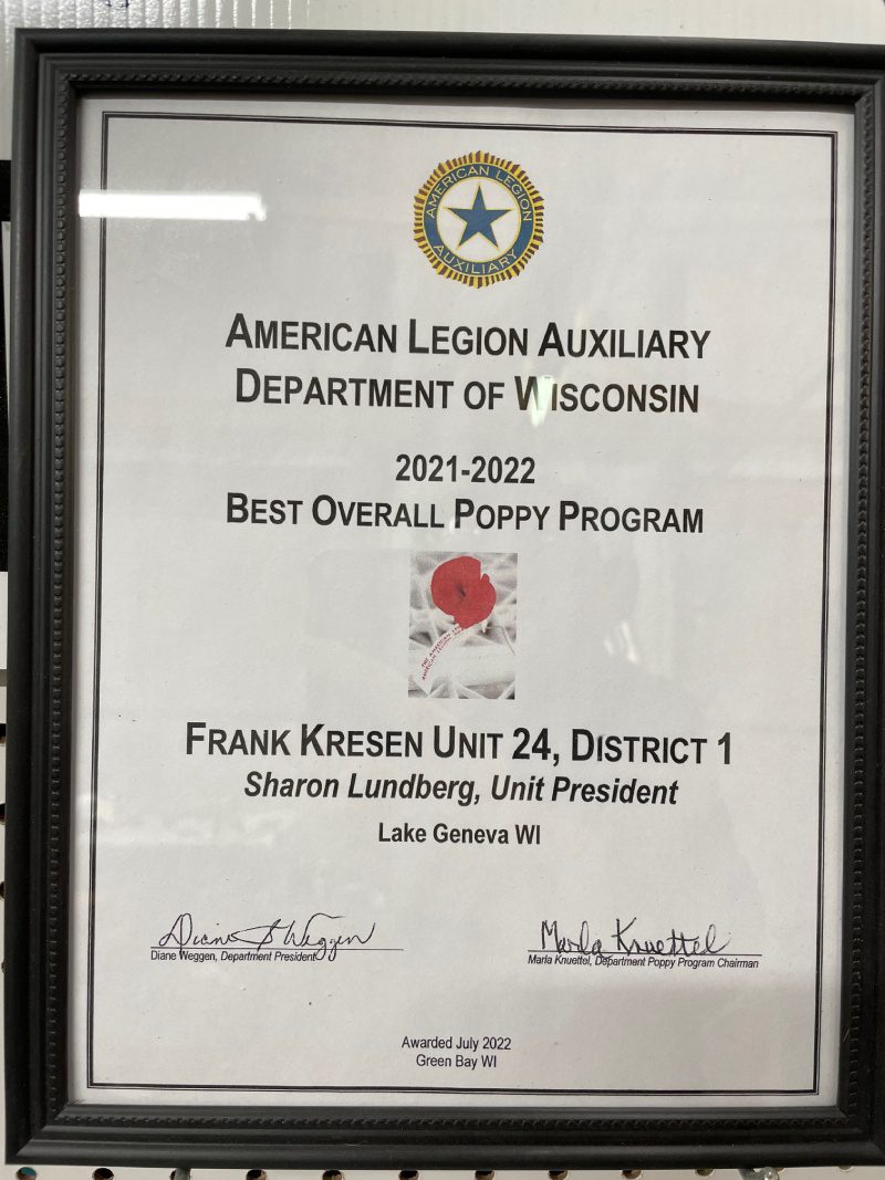 A framed award for the american legion auxiliary department of v.